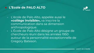 ● L’Ecole de PALO ALTO
- L’école de Palo Alto, appelée aussi le
«collège invisible», va inscrire la
communication dans sa ...