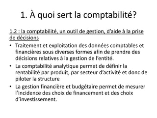 1. À quoi sert la comptabilité?
1.2 : la comptabilité, un outil de gestion, d’aide à la prise
de décisions
• Traitement et exploitation des données comptables et
financières sous diverses formes afin de prendre des
décisions relatives à la gestion de l’entité.
• La comptabilité analytique permet de définir la
rentabilité par produit, par secteur d’activité et donc de
piloter la structure
• La gestion financière et budgétaire permet de mesurer
l’incidence des choix de financement et des choix
d’investissement.
 
