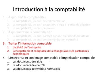 Introduction à la comptabilité
1. À quoi sert la comptabilité?
1. La comptabilité, un outil de communication
2. La comptabilité, un outil de gestion, d’aide à la prise de décision
3. La comptabilité, un outil de preuve
2. À qui s’adresse la comptabilité?
1. La comptabilité, un outil partagé par une pluralité d’utilisateurs
2. La comptabilité, un outil de communication normalisé
3. Traiter l’information comptable
1. L’activité de l’entreprise
2. L’enregistrement comptable des échanges avec ses partenaires
économiques
4. L’entreprise et son image comptable : l’organisation comptable
1. Les documents de saisie
2. Les documents de contrôle
3. Les documents de synthèse normalisés
 