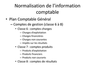 Normalisation de l’information
comptable
• Plan Comptable Général
– Comptes de gestion (classe 6 à 8)
• Classe 6 : comptes charges
– Charges d’exploitation
– Charges financières
– Charges non courantes
– Impôts sur les résultats
• Classe 7 : comptes produits
– Produits d’exploitation
– Produits financiers
– Produits non courants
• Classe 8 : comptes de résultats
 