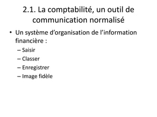 2.1. La comptabilité, un outil de
communication normalisé
• Un système d’organisation de l’information
financière :
– Saisir
– Classer
– Enregistrer
– Image fidèle
 