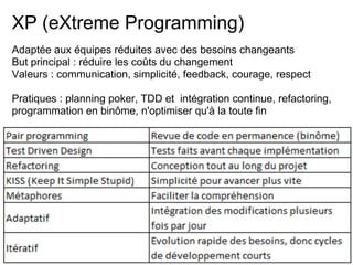 XP (eXtreme Programming)
Adaptée aux équipes réduites avec des besoins changeants
But principal : réduire les coûts du changement
Valeurs : communication, simplicité, feedback, courage, respect
Pratiques : planning poker, TDD et intégration continue, refactoring,
programmation en binôme, n'optimiser qu'à la toute fin
 