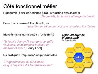 Côté fonctionnel métier
Identifier la valeur ajoutée : l'utilisabilité
"Si j’avais demandé aux gens ce qu'ils
voulaient, ils m’auraient réclamé un
meilleur cheval." [Henry Ford]
En pratique : fréquence/usage/volumétrie
"L’ergonomie est au fonctionnel
ce que l’agilité est à l’organisationnel"
Ergonomie, User eXperience (UX), interaction design (IxD)
...découverte, tentatives, affinage du besoin
Faire tester souvent les utilisateurs
...questionner, observer, inviter à verbaliser les tâches
 