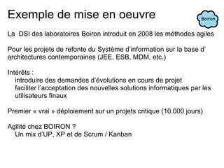 Exemple de mise en oeuvre
La DSI des laboratoires Boiron introduit en 2008 les méthodes agiles
Pour les projets de refonte du Système d’information sur la base d’
architectures contemporaines (JEE, ESB, MDM, etc.)
Intérêts :
introduire des demandes d’évolutions en cours de projet
faciliter l’acceptation des nouvelles solutions informatiques par les
utilisateurs finaux
Premier « vrai » déploiement sur un projets critique (10.000 jours)
Agilité chez BOIRON ?
Un mix d’UP, XP et de Scrum / Kanban
 