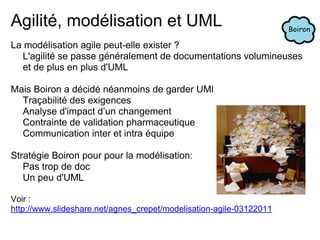 Agilité, modélisation et UML
La modélisation agile peut-elle exister ?
L'agilité se passe généralement de documentations volumineuses
et de plus en plus d'UML
Mais Boiron a décidé néanmoins de garder UMl
Traçabilité des exigences
Analyse d'impact d’un changement
Contrainte de validation pharmaceutique
Communication inter et intra équipe
Stratégie Boiron pour pour la modélisation:
Pas trop de doc
Un peu d'UML
Voir :
http://www.slideshare.net/agnes_crepet/modelisation-agile-03122011
 