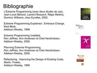 Bibliographie
L'Extreme Programming (avec deux études de cas),
Jean-Louis Bénard, Laurent Bossavit, Régis Medina,
Dominic Williams, chez Eyrolles, 2002.
Extreme Programming Explained : Embrace Change,
Kent Beck,
Addison-Wesley, 1999.
Extreme Programming Installed,
Ron Jeffries, Ann Anderson et Chet Hendrickson,
Addison-Wesley, 2000.
Planning Extreme Programming,
Ron Jeffries, Ann Anderson et Chet Hendrickson,
Addison-Wesley, 2000.
Refactoring : Improving the Design of Existing Code,
Martin. Fowler,
Addison-Wesley, 1999
 