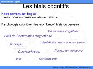 Les biais cognitifs 
Notre cerveau est bogué !
...mais nous sommes maintenant avertis !

Psychologie cognitive : les (nombreux) biais du cerveau

                                Dissonance cognitive
 Biais de Confirmation d'hypothèse

                            Malédiction de la connaissance
     Ancrage

           Dunning-Kruger            Perception sélective
                                              ...
         Halo             Conformisme
 