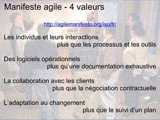 Manifeste agile - 4 valeurs
              http://agilemanifesto.org/iso/fr/

Les individus et leurs interactions
                    plus que les processus et les outils

Des logiciels opérationnels
                plus qu’une documentation exhaustive

La collaboration avec les clients
                 plus que la négociation contractuelle

L’adaptation au changement
                         plus que le suivi d’un plan
 