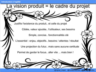 La vision produit = le cadre du projet


   Justifie l'existence du produit
                                 ... et celle du projet  
                                  
           Ciblée, valeur ajoutée... l'utilisateur, ses besoins 
                                  
                   Simple, concise
                                 ... fonctionnalités clé
                                  
    L'essentiel : enjeu, objectifs
                                 ... besoins / attentes / résultat
                                  
          Une projection du futur... mais sans aucune certitude
                                  
      Permet de garder le focus  ... aller vite ... mais bien !
 