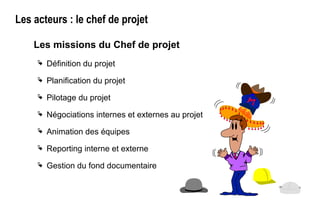 Les acteurs : le chef de projet
Les missions du Chef de projet
 Définition du projet
 Planification du projet
 Pilotage du projet
 Négociations internes et externes au projet
 Animation des équipes
 Reporting interne et externe
 Gestion du fond documentaire
 