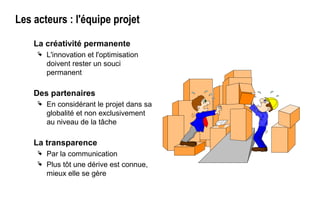 Les acteurs : l'équipe projet
La créativité permanente
 L'innovation et l'optimisation
doivent rester un souci
permanent
Des partenaires
 En considérant le projet dans sa
globalité et non exclusivement
au niveau de la tâche
La transparence
 Par la communication
 Plus tôt une dérive est connue,
mieux elle se gère
 