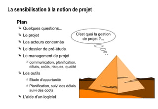 Plan
 Quelques questions...
 Le projet
 Les acteurs concernés
 Le dossier de pré-étude
 Le management de projet
 communication, planification,
délais, coûts, risques, qualité
 Les outils
 Etude d'opportunité
 Planification, suivi des délais
suivi des coûts
 L'aide d'un logiciel
La sensibilisation à la notion de projet
C'est quoi la gestion
de projet ?...
 