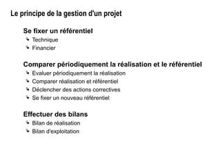 Le principe de la gestion d'un projet
Se fixer un référentiel
 Technique
 Financier
Comparer périodiquement la réalisation et le référentiel
 Evaluer périodiquement la réalisation
 Comparer réalisation et référentiel
 Déclencher des actions correctives
 Se fixer un nouveau référentiel
Effectuer des bilans
 Bilan de réalisation
 Bilan d'exploitation
 