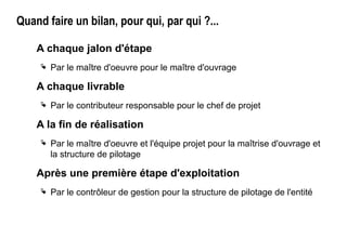 Quand faire un bilan, pour qui, par qui ?...
A chaque jalon d'étape
 Par le maître d'oeuvre pour le maître d'ouvrage
A chaque livrable
 Par le contributeur responsable pour le chef de projet
A la fin de réalisation
 Par le maître d'oeuvre et l'équipe projet pour la maîtrise d'ouvrage et
la structure de pilotage
Après une première étape d'exploitation
 Par le contrôleur de gestion pour la structure de pilotage de l'entité
 