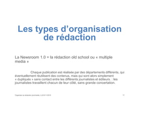 Les types d’organisation
de rédaction
La Newsroom 1.0 = la rédaction old school ou « multiple
media »
Chaque publication est réalisée par des départements différents, qui
éventuellement réutilisent des contenus, mais qui sont alors simplement
« dupliqués » sans contact entre les différents journalistes et éditeurs. : les
journalistes travaillent chacun de leur côté, sans grande concertation.
Organiser sa rédaction plurimedia, LLN 6/11/2015 17
 