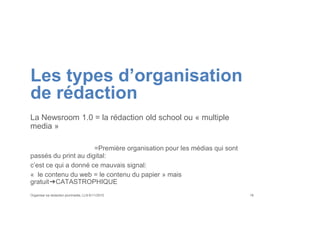 Les types d’organisation
de rédaction
La Newsroom 1.0 = la rédaction old school ou « multiple
media »
=Première organisation pour les médias qui sont
passés du print au digital:
c’est ce qui a donné ce mauvais signal:
« le contenu du web = le contenu du papier » mais
gratuit➔CATASTROPHIQUE
Organiser sa rédaction plurimedia, LLN 6/11/2015 18
 