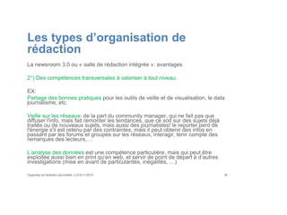Les types d’organisation de
rédaction
La newsroom 3.0 ou « salle de rédaction intégrée »: avantages
2°) Des compétences transversales à valoriser à tout niveau:
EX:
Partage des bonnes pratiques pour les outils de veille et de visualisation, le data
journalisme, etc.
Veille sur les réseaux: de la part du community manager, qui ne fait pas que
diffuser l'info, mais fait remonter les tendances, que ce soit sur des sujets déjà
traités ou de nouveaux sujets, mais aussi des journalistes! le reporter perd de
l'énergie s'il est retenu par des contraintes, mais il peut obtenir des infos en
passant par les forums et groupes sur les réseaux, interagir, tenir compte des
remarques des lecteurs,…
L’analyse des données est une compétence particulière, mais qui peut être
exploitée aussi bien en print qu’en web, et servir de point de départ à d’autres
investigations (mise en avant de particularités, inégalités, …)
Organiser sa rédaction plurimedia, LLN 6/11/2015 35
 