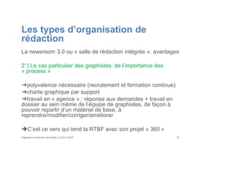 Les types d’organisation de
rédaction
La newsroom 3.0 ou « salle de rédaction intégrée »: avantages
2°) Le cas particulier des graphistes: de l’importance des
« process »
➔polyvalence nécessaire (recrutement et formation continue)
➔charte graphique par support
➔travail en « agence » : réponse aux demandes + travail en
dossier au sein même de l’équipe de graphistes, de façon à
pouvoir repartir d’un matériel de base, à
reprendre/modifier/corriger/améliorer
C’est ce vers qui tend la RTBF avec son projet « 360 »
Organiser sa rédaction plurimedia, LLN 6/11/2015 37
 