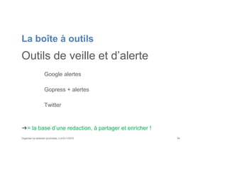La boîte à outils
Outils de veille et d’alerte
Google alertes
Gopress + alertes
Twitter
➔= la base d’une redaction, à partager et enricher !
Organiser sa rédaction plurimedia, LLN 6/11/2015 65
 