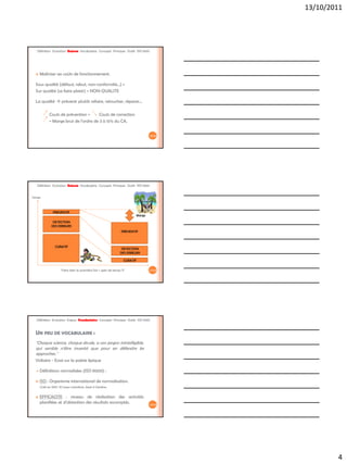 13/10/2011




   Définition Evolution Enjeux Vocabulaire Concepts Principes Outils ISO 9001




     Maîtriser ses coûts de fonctionnement.

  Sous qualité (défaut, rebut, non-conformité…) +
  Sur qualité (se faire plaisir) = NON-QUALITE

  La qualité  prévenir plutôt refaire, retoucher, réparer…

            Couts de prévention =      Couts de correction
            = Marge brut de l’ordre de 3 à 15% du CA.


                                                                                 10/42




   Définition Evolution Enjeux Vocabulaire Concepts Principes Outils ISO 9001


Temps



               PREVENTIF
                                                                         Marge
               DETECTION
              DES ERREURS
                                                                 PREVENTIF



                CURATIF
                                                                 DETECTION
                                                                DES ERREURS

                                                                   CURATIF

                     Faire bien la première fois = gain de temps !!!             11/42




  Définition Evolution Enjeux Vocabulaire Concepts Principes Outils ISO 9001


  UN PEU DE VOCABULAIRE :
  "Chaque science, chaque étude, a son jargon inintelligible,
  qui semble n'être inventé que pour en défendre les
  approches."
  Voltaire - Essai sur la poésie épique

     Définitions normalisées (ISO 9000) :

     ISO : Organisme international de normalisation.
      Créé en 1947, 157 pays membres, basé à Genève.

     EFFICACITE : niveau de réalisation des activités
      planifiées et d'obtention des résultats escomptés.                         12/42




                                                                                                 4
 