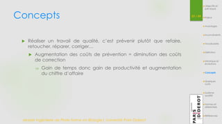 Concepts 23 / 54 
 Réaliser un travail de qualité, c’est prévenir plutôt que refaire, 
retoucher, réparer, corriger… 
 Augmentation des coûts de prévention = diminution des coûts 
de correction 
 Gain de temps donc gain de productivité et augmentation 
du chiffre d’affaire 
Master Ingénierie de Plate-forme en Biologie| Université Paris Diderot 
Objectifs et 
pré-requis 
Enjeux 
Avantages 
Inconvénients 
Vocabulaire 
Définition 
Historique et 
évolutions 
Concepts 
Quelques 
outils 
Système 
qualité 
Normes et 
référentiels 
Références 
 
