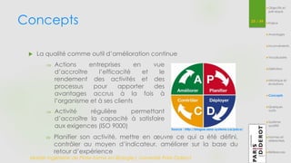 Concepts 25 / 54 
 La qualité comme outil d’amélioration continue 
Source : http://blogue.sesa-systems.ca/pdca/ 
Master Ingénierie de Plate-forme en Biologie| Université Paris Diderot 
Objectifs et 
pré-requis 
Enjeux 
Avantages 
Inconvénients 
Vocabulaire 
Définition 
Historique et 
évolutions 
Concepts 
Quelques 
outils 
Système 
qualité 
Normes et 
référentiels 
Références 
 Actions entreprises en vue 
d’accroître l’efficacité et le 
rendement des activités et des 
processus pour apporter des 
avantages accrus à la fois à 
l’organisme et à ses clients 
 Activité régulière permettant 
d’accroître la capacité à satisfaire 
aux exigences (ISO 9000) 
 Planifier son activité, mettre en oeuvre ce qui a été défini, 
contrôler au moyen d’indicateur, améliorer sur la base du 
retour d’expérience 
 