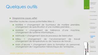 Quelques outils 30 / 54 
 Diagramme cause –effet 
Identifier toutes les causes potentielles liées à : 
 Matière = changement de fournisseur de matière première, 
changement de spécification d’une matière première… 
 Matériel = changement de tolérance d’une machine, 
changement de système informatique… 
 Méthode = changement dans le processus de fabrication 
 Milieu = changement de l’environnement de travail 
changement de température ou de l’espace de travail… 
 Main d’oeuvre = changement dans la formation du personnel, 
changement de l’organisation hiérarchique de l’entreprise… 
Master Ingénierie de Plate-forme en Biologie| Université Paris Diderot 
Objectifs et 
pré-requis 
Enjeux 
Avantages 
Inconvénients 
Vocabulaire 
Définition 
Historique et 
évolutions 
Concepts 
Quelques 
outils 
Système 
qualité 
Normes et 
référentiels 
Références 
 