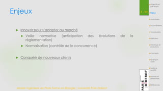Enjeux 5 / 54 
 Innover pour s’adapter au marché 
 Veille normative (anticipation des évolutions de la 
règlementation) 
 Normalisation (contrôle de la concurrence) 
 Conquérir de nouveaux clients 
Master Ingénierie de Plate-forme en Biologie| Université Paris Diderot 
Objectifs et 
pré-requis 
Enjeux 
Avantages 
Inconvénients 
Vocabulaire 
Définition 
Historique et 
évolutions 
Concepts 
Quelques 
outils 
Système 
qualité 
Normes et 
référentiels 
Références 
 
