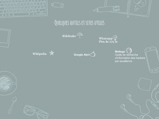 Quelques outilsetsitesutiles
Wikipedia
Wikileaks
Whatsapp
Plus de 225 m
Google Alert
Maltego
Outils de recherche
d’information des hackers
par excellence
 