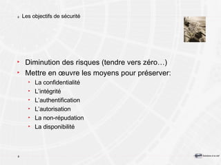 Les objectifs de sécurité Diminution des risques (tendre vers zéro…) Mettre en œuvre les moyens pour préserver: La confidentialité L’intégrité L’authentification L’autorisation La non-répudation La disponibilité 