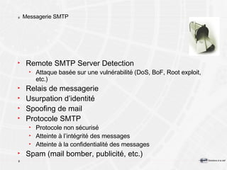 Messagerie SMTP Remote SMTP Server Detection Attaque basée sur une vulnérabilité (DoS, BoF, Root exploit, etc.) Relais de messagerie Usurpation d’identité Spoofing de mail Protocole SMTP Protocole non sécurisé Atteinte à l’intégrité des messages Atteinte à la confidentialité des messages Spam (mail bomber, publicité, etc.) 