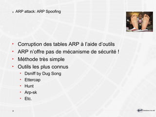 ARP attack: ARP Spoofing Corruption des tables ARP à l’aide d’outils ARP n’offre pas de mécanisme de sécurité ! Méthode très simple Outils les plus connus Dsniff by Dug Song Ettercap Hunt Arp-sk Etc. 