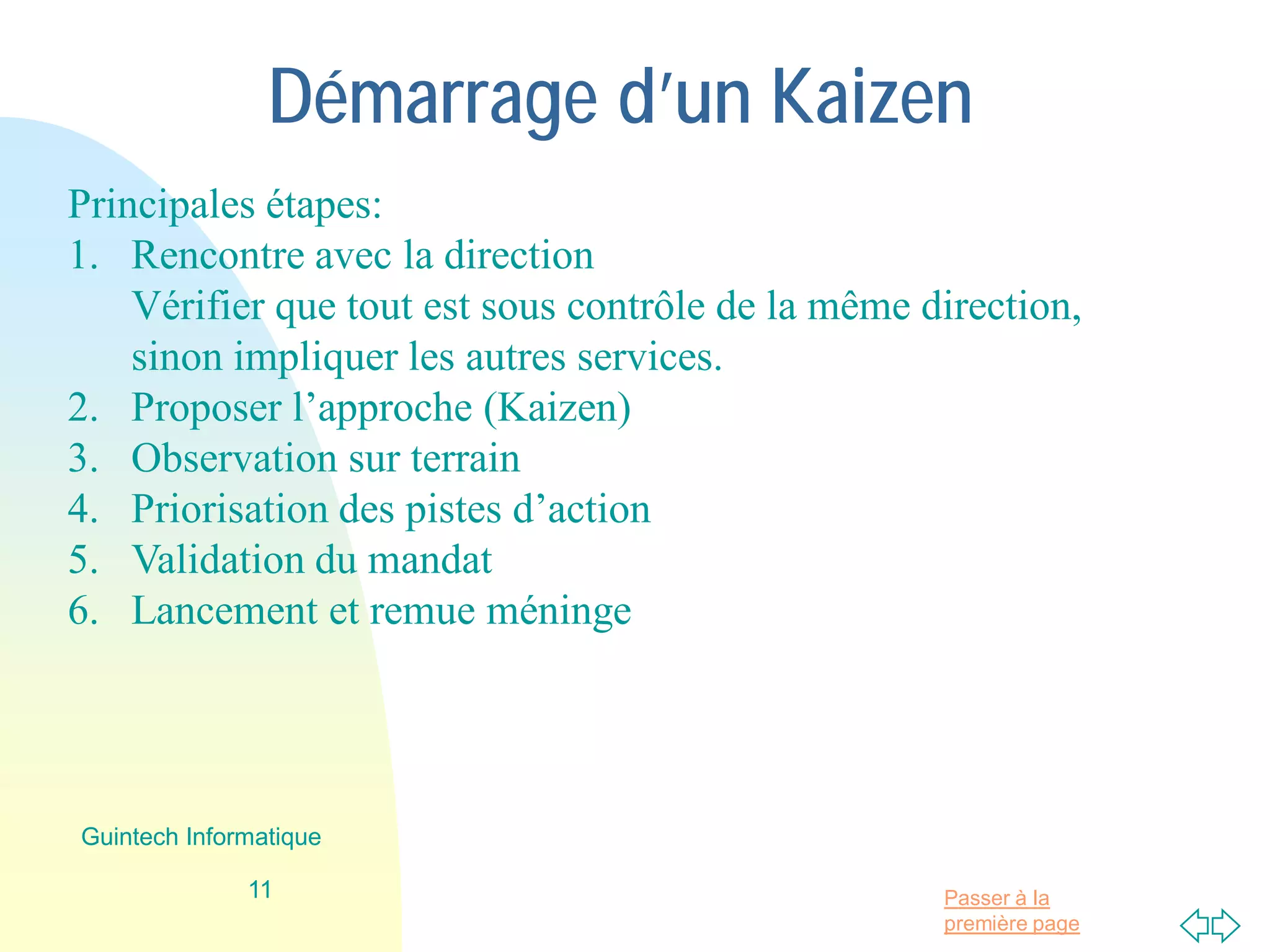 Passer à la
première page
Démarrage d’un Kaizen
Principales étapes:
1. Rencontre avec la direction
Vérifier que tout est sous contrôle de la même direction,
sinon impliquer les autres services.
2. Proposer l’approche (Kaizen)
3. Observation sur terrain
4. Priorisation des pistes d’action
5. Validation du mandat
6. Lancement et remue méninge
11
Guintech Informatique
 