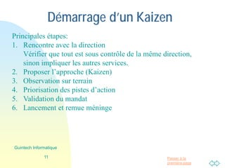 Passer à la
première page
Démarrage d’un Kaizen
Principales étapes:
1. Rencontre avec la direction
Vérifier que tout est sous contrôle de la même direction,
sinon impliquer les autres services.
2. Proposer l’approche (Kaizen)
3. Observation sur terrain
4. Priorisation des pistes d’action
5. Validation du mandat
6. Lancement et remue méninge
11
Guintech Informatique
 