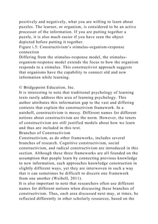 positively and negatively, what you are willing to learn about
puzzles. The learner, or organism, is considered to be an active
processor of the information. If you are putting together a
puzzle, it is also much easier if you have seen the object
depicted before putting it together.
Figure i.5: Constructivism’s stimulus-organism-response
connection
Differing from the stimulus-response model, the stimulus-
organism-response model extends the focus to how the organism
responds to a stimulus. This constructivist approach suggests
that organisms have the capability to connect old and new
information while learning.
© Bridgepoint Education, Inc.
It is interesting to note that traditional psychology of learning
texts rarely address this area of learning psychology. This
author attributes this information gap to the vast and differing
contexts that explain the constructivism framework. In a
nutshell, constructivism is messy. Different names for different
notions about constructivism are the norm. However, the tenets
of constructivism are still justified models about how we learn
and thus are included in this text.
Branches of Constructivism
Constructivism, as do other frameworks, includes several
branches of research. Cognitive constructivism, social
constructivism, and radical constructivism are introduced in this
section. Although these three frameworks are all founded on the
assumption that people learn by connecting previous knowledge
to new information, each approaches knowledge construction in
slightly different ways, yet they are interwoven in such a way
that it can sometimes be difficult to discern one framework
from one another (Weibell, 2011).
It is also important to note that researchers often use different
names for different notions when discussing these branches of
constructivism. Thus, each area discussed next may, at times, be
reflected differently in other scholarly resources, based on the
 