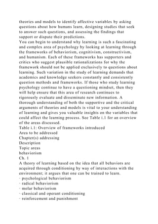 theories and models to identify affective variables by asking
questions about how humans learn, designing studies that seek
to answer such questions, and assessing the findings that
support or dispute their predictions.
You can begin to understand why learning is such a fascinating
and complex area of psychology by looking at learning through
the frameworks of behaviorism, cognitivism, constructivism,
and humanism. Each of these frameworks has supporters and
critics who suggest plausible rationalizations for why the
framework should not be applied exclusively to questions about
learning. Such variation in the study of learning demands that
academics and knowledge seekers constantly and consistently
question methods and frameworks. If those who study learning
psychology continue to have a questioning mindset, then they
will help ensure that this area of research continues to
rigorously evaluate and disseminate new information. A
thorough understanding of both the supportive and the critical
arguments of theories and models is vital to your understanding
of learning and gives you valuable insights on the variables that
could affect the learning process. See Table i.1 for an overview
of the areas discussed.
Table i.1: Overview of frameworks introduced
Area to be addressed
Chapter(s) addressing
Description
Topic areas
behaviorism
Ch. 1
A theory of learning based on the idea that all behaviors are
acquired through conditioning by way of interactions with the
environment; it argues that one can be trained to learn.
· psychological behaviorism
· radical behaviorism
· molar behaviorism
· classical and operant conditioning
· reinforcement and punishment
 