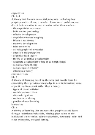 cognitivism
Ch. 2–4
A theory that focuses on mental processes, including how
people perceive, think, remember, learn, solve problems, and
direct their attention to one stimulus rather than another.
· the cognitivist movement
· information processing
· schema development
· cognitive/concept mapping
· Bloom’s taxonomy
· memory development
· false memories
· autobiographical memories
· attention and perception
· cognitive load theory
· theory of cognitive development
· schemata development’s role in comprehension
· social learning theory
· social cognitive theory
· attribution theory
constructivism
Ch. 5
A theory of learning based on the idea that people learn by
connecting their previous knowledge to new information; some
argue it is a framework rather than a theory.
· types of constructivism
· social constructivism
· situated cognition
· sociocultural theory
· problem-based learning
humanism
Ch. 6
A theory of learning that proposes that people act and learn
through intentional behaviors, placing great value on the
individual’s motivation, self-development, autonomy, self- and
other awareness, and goal setting.
 