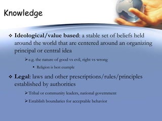 Knowledge

    Ideological/value based: a stable set of beliefs held
     around the world that are centered around an or...