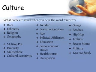 Culture
What comes to mind when you hear the word “culture”?
   Race                      Gender                     Ga...