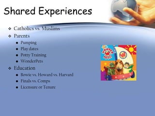 Shared Experiences
   Catholics vs. Muslims
   Parents
    • Pumping
    • Play dates
    • Potty Training
    • WonderP...