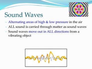 The sound waves cause pressure changes against our ear drum sending nerve impulses to our brain.VibrationBack and forth movement of molecules of matter