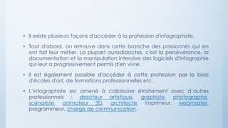 • Il existe plusieurs façons d'accéder à la profession d'infographiste.
• Tout d'abord, on retrouve dans cette branche des passionnés qui en
ont fait leur métier. La plupart autodidactes, c'est la persévérance, la
documentation et la manipulation intensive des logiciels d'infographie
qui leur a progressivement permis d'en vivre.
• Il est également possible d'accéder à cette profession par le biais
d'écoles d'art, de formations professionnelles etc.
• L’infographiste est amené à collaborer étroitement avec d’autres
professionnels : directeur artistique, graphiste, photographe,
scénariste, animateur 3D, architecte, imprimeur, webmaster,
programmeur, chargé de communication.
 