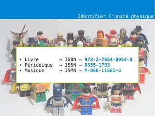Identifier l'unité physique




●   Livre        → ISBN → 978-2-7654-0954-0
●   Périodique   → ISSN → 0335-1793
●   Musique      → ISMN → M-060-11561-5
 