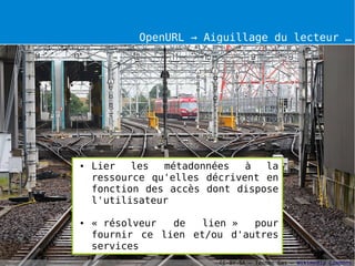 OpenURL → Aiguillage du lecteur …




●   Lier   les  métadonnées   à  la
    ressource qu'elles décrivent en
    fonction des accès dont dispose
    l'utilisateur

●   « résolveur  de   lien »  pour
    fournir ce lien et/ou d'autres
    services
                         CC-BY-SA – Tennen Gas – Wikimedia Commons
 