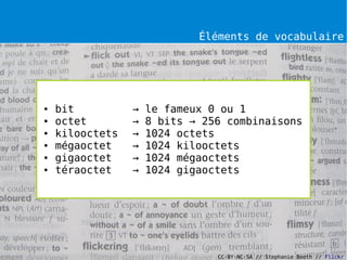 Éléments de vocabulaire




●   bit          →   le fameux 0 ou 1
●   octet        →   8 bits → 256 combinaisons
●   kilooctets   →   1024 octets
●   mégaoctet    →   1024 kilooctets
●   gigaoctet    →   1024 mégaoctets
●   téraoctet    →   1024 gigaoctets




                                CC-BY-NC-SA // Stephanie Booth // Flickr
 
