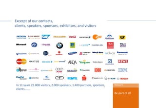 Excerpt of our contacts,
clients, speakers, sponsors, exhibitors, and visitors
Be part of it!
NetworkIn 11 years 25.000 visitors, 2.000 speakers, 1.400 partners, sponsors,
clients.......
 