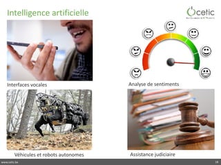 www.cetic.be
Intelligence	artificielle
18
Véhicules	et	robots	autonomes
Interfaces	vocales Analyse	de	sentiments
Assistance	judiciaire	
 