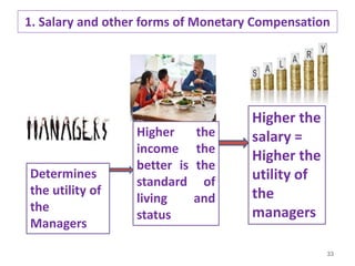 1. Salary and other forms of Monetary Compensation
33
Determines
the utility of
the
Managers
Higher the
income the
better is the
standard of
living and
status
Higher the
salary =
Higher the
utility of
the
managers
 
