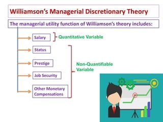 37
Williamson’s Managerial Discretionary Theory
The managerial utility function of Williamson’s theory includes:
Salary
Status
Prestige
Job Security
Other Monetary
Compensations
Quantitative Variable
Non-Quantifiable
Variable
 