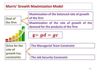 Marris’ Growth Maximization Model
41
Goal of
the firm
Maximization of the balanced rate of growth
of the firm
Maximization of the rate of growth of the
demand for the products of the firm
Drive for the
rate of
growth has
constraints
The Managerial Team Constraint
The Job Security Constraint
 